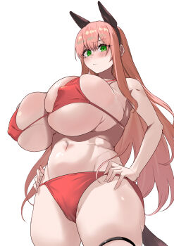 1girl animal_ears blush breasts chinese_zodiac cup-chan fake_animal_ears green_eyes hands_on_own_hips highres huge_breasts long_hair original pink_hair swimsuit white_background year_of_the_horse