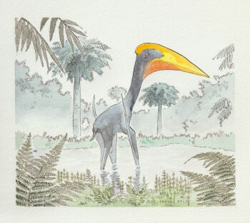 Rule 34 | absurdres, animal focus, black eyes, border, bush, closed mouth, colored sclera, commentary, fern, hatzegopteryx, highres, no humans, original, painting (medium), paleoart, partially submerged, pond, pterosaur, red sclera, shin'ichiroo, solo, traditional media, tree, watercolor (medium)