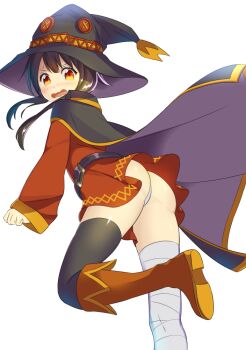 Rule 34 | 10s, 6 (roku), ass, bandages, belt, black hair, blush, cape, hat, kono subarashii sekai ni shukufuku wo!, megumin, panties, pantyshot, standing, underwear