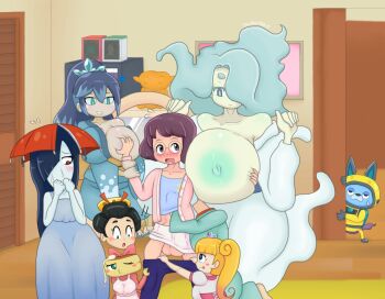 1futa 6+girls age_difference ameonna_(youkai_watch) ass black_hair blonde_hair breasts brown_hair bulge clothes_grab crown english_text enraenra_(youkai_watch) fubukihime futa_with_female futanari ghost glasses grabbing_another's_breast green_eyes green_hair groping highres huge_ass huge_breasts huge_penis huge_testicles large_breasts loli long_hair looking_at_penis misora_inaho monster_girl muchaburikko multicolored_hair multiple_girls nipples one_eye_closed open_mouth penis penis_awe ponytail rokurokubi_(youkai_watch) size_difference speech_bubble testicles touhoufan usapyon youkai_watch