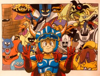 armor bird blue_eyes brown_eyes commentary_request dragon dragon_lord dragon_quest dragon_quest_i fake_horns finger_counting furry furry_male golem golem_(dragon_quest) green_dragon_(dragon_quest) hat helmet hero_(dq1) highres horned_helmet horns lee_(dragon_garou) marker_(medium) monster official_style red_hair scepter sharp_teeth shoulder_armor skeleton slime_(dragon_quest) smile teeth tongue tongue_out toriyama_akira_(style) traditional_media vulture witch_hat