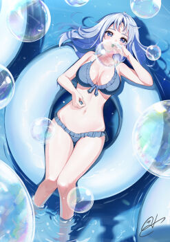 1girl 310setsu afloat bare_arms bare_legs bare_shoulders bikini blue_bikini blue_eyes blue_hair breasts cleavage frilled_bikini frills halterneck highres innertube long_hair navel ocean on_innertube original outdoors soaking_feet soap_bubbles swim_ring swimsuit water wet