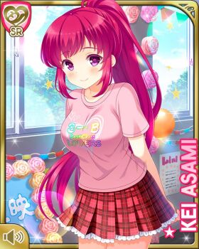 1girl asami_kei bare_arms breasts card_(medium) character_name closed_mouth day festival girlfriend_(kari) indoors official_art pink_eyes pink_hair pink_shirt plaid_clothes plaid_skirt ponytail qp:flapper red_skirt school school_uniform shirt shorts skirt smile sparkle standing tagme volume_symbol