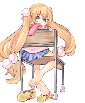 1girl barefoot blue_skirt brown_eyes brown_hair chaosexceed closed_mouth commentary commission english_commentary flip-flops full_body hair_ornament highres kodomo_no_jikan kokonoe_rin long_hair looking_at_viewer miniskirt pleated_skirt sandals simple_background sitting skirt smile soles solo sphere_hair_ornament toes twintails very_long_hair white_background