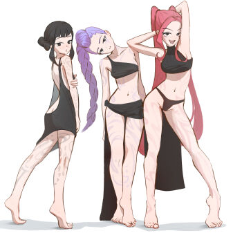 3girls arms_behind_head backless_dress backless_outfit barefoot black_dress black_eyes black_hair black_panties black_sarong black_shirt body_markings braid breasts butt_crack collarbone commentary crop_top dress english_commentary freckles hair_bun hand_on_own_elbow highres kpop_demon_hunters long_hair long_sidelocks looking_at_viewer mawaw mira_(kpop_demon_hunters) multiple_girls navel open_mouth panties parted_lips pink_hair purple_hair rumi_(kpop_demon_hunters) sarong shirt short_dress sidelocks simple_background single_braid single_strap sleeveless sleeveless_shirt sleeveless_turtleneck smile standing stomach tiptoes turtleneck twintails underwear very_long_hair white_background zoey_(kpop_demon_hunters)
