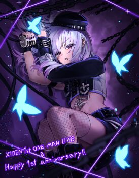 1girl belt beret black_belt black_hat black_jacket black_skirt blue_butterfly bug butterfly butterfly_ornament chain commentary_request cowboy_shot ear_piercing fingerless_gloves fingernails fishnet_thighhighs fishnets gloves happy_anniversary hat highres holding holding_microphone insect jacket long_hair looking_at_viewer microphone midriff miniskirt mob_hz mole mole_under_eye multiple_moles nail_polish parted_lips piercing purple_background purple_eyes purple_hair purple_nails rk_music single_fingerless_glove single_sleeve skirt solo thighhighs virtual_youtuber wispy_bangs xiden