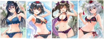 4girls ;d bikini black_bikini black_hair blue_bikini blue_eyes blue_hat blue_sky bow bow_bikini breasts checkered_bikini checkered_clothes closed_mouth commentary_request day frilled_bikini frills front-tie_bikini_top front-tie_top grey_hair groin hair_bow hajike_akira halterneck hand_on_own_head hat highres himekaidou_hatate holding holding_swim_ring iizunamaru_megumu innertube inubashiri_momiji leaf_print long_hair looking_at_viewer lowleg lowleg_bikini medium_breasts multiple_girls navel o-ring o-ring_bikini one_eye_closed open_mouth outdoors partial_commentary pointy_ears print_bikini purple_bikini purple_bow purple_eyes purple_hat red_eyes red_hat scan shameimaru_aya short_hair sky smile standing swim_ring swimsuit swimsuit_cover-up tokin_hat touhou traditional_media twintails