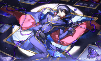 Rule 34 | 1boy, absurdres, black hair, bug, butterfly, cape, code geass, gloves, hair over one eye, highres, insect, insect pin, lelouch vi britannia, long sleeves, looking at viewer, lying, male focus, on back, picture frame, pinned, purple cape, purple eyes, red cape, short hair, solo, spotlight, two-sided cape, two-sided fabric, weibo 6655142211, zero (code geass)