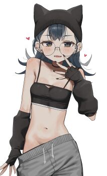 1girl absurdres animal_ears bare_shoulders beanie black_choker black_gloves black_hat black_shirt black_sleeves blue_eyes blue_hair breasts choker cleavage clothes_pull cowboy_shot crop_top detached_sleeves drawstring fake_animal_ears fang fingerless_gloves glasses gloves grey_pants groin hand_up hat heart highres long_hair looking_at_viewer medium_hair midriff nail_polish navel open_mouth original pants pants_pull pulling_own_clothes round_eyewear shirt simple_background sleeveless sleeveless_shirt small_breasts spaghetti_strap stomach sweatpants syhan white_background