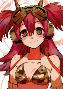 1girl absurdres bikini bikini_top_only blush body_freckles breasts camouflage camouflage_bikini cleavage clothing_cutout commentary english_commentary freckles goggles goggles_on_head green_bikini green_eyes hair_between_eyes hanoyuta_(style) headphones highres long_hair looking_at_viewer nifast_(greentail) original parody red_hair shoulder_cutout shoulder_freckles shrug_(clothing) small_breasts smile solo style_parody swimsuit truck_(nifast_(greentail)) two_side_up upper_body white_background white_sleeves