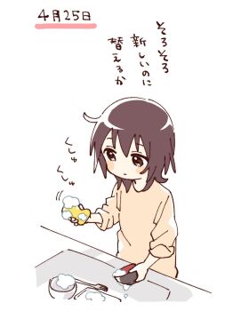 1girl blush_stickers bowl brown_eyes brown_hair closed_mouth dishes fork funami_yui hashtag-only_commentary highres holding holding_bowl holding_sponge long_sleeves namori orange_shirt shirt short_hair simple_background sink soap solo sponge translation_request upper_body white_background yuruyuri