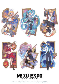 2boys 4girls :d aqua_eyes aqua_hair aqua_necktie artist_name belt black_belt black_boots black_leg_warmers black_pants black_shirt black_shoes black_shorts black_skirt black_sleeves black_thighhighs blonde_hair blue_eyes blue_hair blue_scarf boots bow bow_hairband brown_boots brown_eyes brown_hair character_name coat collared_shirt commentary company_name copyright_name copyright_notice cropped_jacket detached_sleeves english_commentary gradient_hair grey_leggings grey_sailor_collar grey_shirt grey_shorts grey_sleeves hair_between_eyes hairband hatsune_miku hatsune_miku_expo highres holding holding_paint_palette holding_paintbrush isakysaku jacket kagamine_len kagamine_rin kaito_(vocaloid) leg_warmers leggings long_hair long_sleeves megurine_luka meiko_(vocaloid) multicolored_hair multiple_boys multiple_girls neckerchief necktie official_art open_mouth paint paint_palette paintbrush painting_(object) pants pink_hair pleated_skirt red_jacket red_skirt sailor_collar scarf second-party_source shirt shoes shorts side_slit single_detached_sleeve skirt sleeveless sleeveless_shirt smile spiked_hair teeth thighhighs tie_clip tongue twintails upper_teeth_only very_long_hair vocaloid white_background white_bow white_coat white_hairband white_shirt white_shoes yellow_belt yellow_boots yellow_neckerchief yellow_necktie yellow_sleeves
