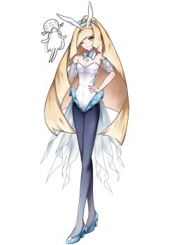 1girl alternate_costume alternate_hairstyle animal_ear_hairband animal_ears black_pantyhose blonde_hair blue_shoes breasts fake_animal_ears gen_7_pokemon green_eyes hairband hand_on_own_hip high_heels high_ponytail highres leotard long_hair looking_at_viewer lusamine_(pokemon) nihilego nintendo one_eye_closed pantyhose playboy_bunny pokemon pokemon_(creature) pokemon_sm ponytail rabbit_ear_hairband rabbit_ears shoes sino_(pcxg4558) small_breasts strapless strapless_leotard ultra_beast very_long_hair white_background white_hairband white_leotard