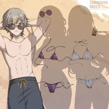 1boy 2girls abs alternate_costume arms_behind_head beach bikini black_swim_trunks caelus_(honkai:_star_rail) centauri-d commentary commission dressed_shadow_(meme) english_commentary grey_hair hair_between_eyes highres himeko_(honkai:_star_rail) honkai:_star_rail honkai_(series) implied_nudity kafka_(honkai:_star_rail) male_swimwear meme multiple_girls outdoors purple_bikini sand shadow silhouette sunglasses surprised swim_trunks swimsuit tinted_eyewear trailblazer_(honkai:_star_rail) unworn_bikini unworn_bikini_bottom unworn_bikini_top unworn_clothes unworn_swimsuit white_bikini