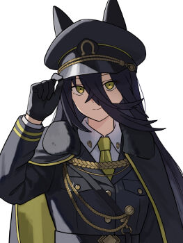 1girl aiguillette animal_ears black_cape black_gloves black_hair black_jacket cape closed_mouth commentary ear_covers ears_through_headwear english_commentary gloves hair_between_eyes hat horse_ears horse_girl jacket long_bangs long_hair long_hair_between_eyes long_sleeves looking_at_viewer manhattan_cafe_(umamusume) military_uniform necktie okimoto peaked_cap shirt simple_background smile solo umamusume upper_body very_long_hair white_background white_shirt yellow_eyes yellow_necktie