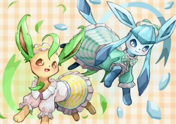 Rule 34 | blue eyes, bow, bright pupils, brown eyes, closed mouth, dress, gen 4 pokemon, glaceon, glaceon (checkered), grass, green dress, hat, ice, illustrattyako, leafeon, leafeon (checkered), long hair, nintendo, no humans, open mouth, pokemon, pokemon (creature), pokemon unite, sidelocks, smile, two-tone dress, white dress, white pupils, yellow dress