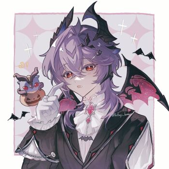 1boy 329kome animalization ascot black_coat character_hair_ornament coat commentary crossed_bangs dragon dragon_boy dragon_horns dragon_wings fang frilled_sleeves frills gem genshin_impact gloves hair_between_eyes hair_ornament hair_over_shoulder hairclip highres horns jewelry looking_at_viewer male_focus mini_durin_(dragon)_(genshin_impact) mini_durin_(genshin_impact) mini_durin_(human)_(genshin_impact) open_mouth person_and_animalization purple_hair red_eyes ring scaramouche_(cat)_(genshin_impact) scaramouche_(genshin_impact) solo symbol-only_commentary two-sided_horns white_ascot white_gloves wings