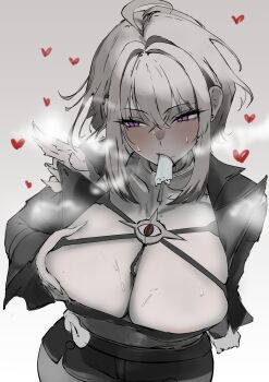 1girl absurdres ahoge blush breasts choker cleavage collarbone commentary cowboy_shot food food_in_mouth galbrena_(wuthering_waves) grabbing_own_breast grey_background greyscale hair_between_eyes heart highres huge_breasts jacket looking_to_the_side medium_hair monochrome open_clothes open_jacket popsicle popsicle_in_mouth purple_eyes s4ika shorts sidelocks sideways_glance simple_background solo spot_color sweat wuthering_waves
