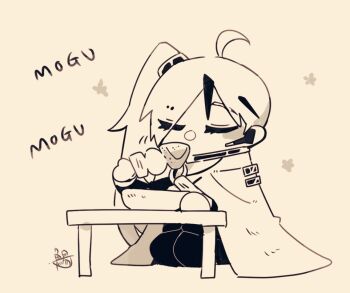 Rule 34 | 1boy, ahoge, cape, closed eyes, earpiece, eating, food, headset, jacket, library of ruina, long hair, long sleeves, male focus, microphone, multicolored hair, oden, pants, project moon, seiza, side ponytail, simple background, sitting, solo, streaked hair, surumenabe, table, very long hair, yan vismok