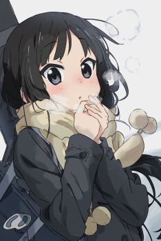 1girl akiyama_mio bag black_hair black_jacket blush breathing_on_hands commentary grey_eyes guitar_case hands_up highres instrument_case jacket k-on! long_hair long_sleeves looking_at_viewer open_mouth scarf school_bag shinshin_(ssnsn_oekaki) simple_background solo upper_body white_background winter_clothes yellow_scarf