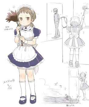 1boy 1girl angra_mainyu_(fate) apron bloomers blue_dress blue_shoes brown_eyes brown_hair casual catching commentary_request dress duster fate/grand_order fate_(series) full-body_tattoo hands_in_pockets headband highres holding holding_duster low_twintails maid maid_apron maid_headdress original partially_colored shibakou shoes short_dress socks tattoo translation_request tripping twintails underwear vase white_bloomers white_socks