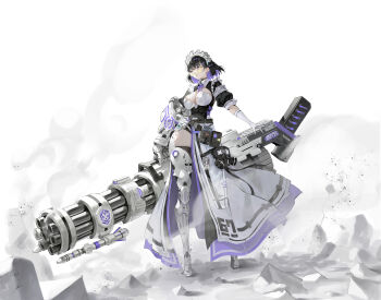 1girl absurdres armband black_dress black_hair blue_gem bow bowtie breasts cleavage cleavage_cutout clothing_cutout colored_inner_hair commentary detached_collar dress full_body gas_mask gatling_gun gem glasses gloves gun hair_ornament highres holding holding_gun holding_weapon huge_weapon jjooxi large_breasts layered_skirt leg_armor looking_to_the_side maid_headdress mask mechanical_arms minigun missile multicolored_hair name_tag notepad original pink_bow pink_bowtie purple_hair rubble short_hair side_slit skirt skull smoke solo standing star_(symbol) thighhighs two-tone_hair weapon white_background white_gloves x_hair_ornament zettai_ryouiki