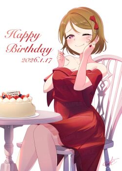 1girl blush breasts brown_hair cake chair commentary_request dress eating food happy_birthday highres holding holding_spoon koizumi_hanayo large_breasts looking_at_viewer love_live! love_live!_school_idol_project medium_breasts on_chair one_eye_closed purple_eyes red_dress short_hair simple_background sitting sleeveless smile solo spoon table white_background yatoroku