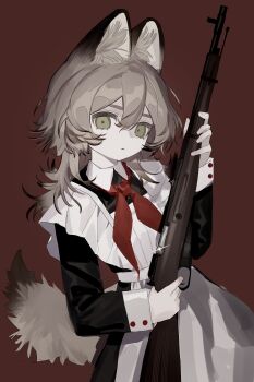 1cyaya1 1girl absurdres animal_ear_fluff animal_ears apron black_dress brown_hair cat_ears cat_girl cat_tail commentary_request dress frown green_eyes gun hair_between_eyes highres holding holding_gun holding_weapon leka_(1cyaya1) long_sleeves looking_at_viewer original red_background rifle short_hair simple_background solo tail unfinished upper_body weapon white_apron