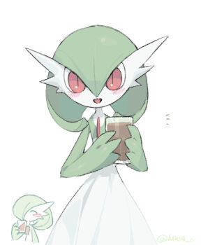1girl ^_^ aliasing blush blush_stickers bob_cut chocolate_milk closed_eyes colored_skin cup drink drinking drinking_glass female_focus flat_chest gardevoir gen_3_pokemon green_hair green_skin hair_between_eyes hands_up happy holding holding_drink holding_drinking_glass looking_at_viewer multicolored_skin multiple_views nintendo notice_lines open_mouth pokemon pokemon_(creature) red_eyes short_hair simple_background slit_pupils smile sok_(mr14_c) standing straight-on two-tone_skin white_background white_skin