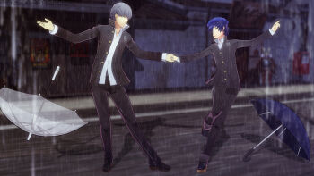 1boy 1girl 3d absurdres artist_name blue_hair blue_hat commentary commission dancing english_commentary hat highres holding_hands long_sleeves narukami_yu persona persona_4 personaparadise rain school_uniform shirogane_naoto short_hair transparent transparent_umbrella umbrella watermark white_hair yasogami_school_uniform