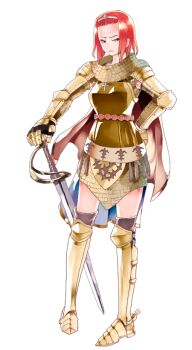 1girl armor armored_boots armored_skirt bangs_pinned_back belt boots breastplate brown_belt brown_cape brown_thighhighs cape chainmail circlet closed_mouth frown full_body gauntlets gold_armor grey_eyes kiryuu_tsukasa_(citrocube) knight_(ragnarok_online) large_variant_set looking_at_viewer official_art pauldrons pommel ragnarok:_guild_masters ragnarok_online red_hair saber_(weapon) short_hair shoulder_armor simple_background solo spurs standing sword thighhighs transparent_background v-shaped_eyebrows variant_set weapon