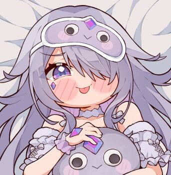 Rule 34 | 1girl, bare shoulders, blush stickers, chibi, commentary, english commentary, gem, grey hair, highres, hololive, hololive english, koseki bijou, kukie-nyan, lying, on back, on bed, purple eyes, sleep mask, solo, tongue, tongue out, upper body, virtual youtuber