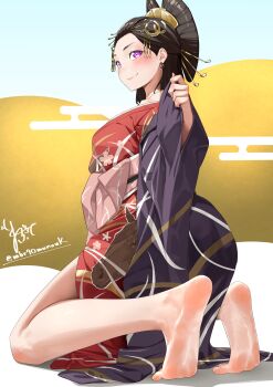 1girl absurdres ass bare_legs bare_shoulders barefoot black_haori blush cherry_blossom_print chinese_zodiac commentary_request earrings feet floral_print floral_print_kimono foot_focus foreshortening from_side hair_ornament hair_stick haori happy_new_year highres horse_print japanese_clothes jewelry kimono kneeling long_hair looking_at_viewer maburoku new_year off_shoulder original pink_eyes pink_sash print_haori print_kimono red_kimono sash signature smile soles solo toes twitter_username wide_sleeves year_of_the_horse