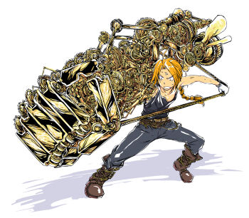 1boy alphonse_elric blonde_hair braid edward_elric fullmetal_alchemist gears hataraki_ari highres machine male_focus mechanical_arms power_fist prosthesis prosthetic_arm single_mechanical_arm solo steampunk