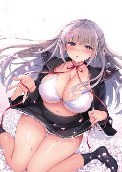 1girl absurdres black_sailor_collar black_serafuku black_shirt black_skirt black_socks blush bra braid breasts cleavage collarbone commentary flower gluteal_fold grey_hair hair_flower hair_ornament highres large_breasts long_hair long_sleeves looking_at_viewer navel ninoko open_clothes open_shirt original petals purple_eyes red_ribbon ribbon sailor_collar sakurase_shino_(ninoko) school_uniform serafuku shirt sidelocks sitting skirt smile socks solo symbol-only_commentary thighs underwear wariza white_background white_bra