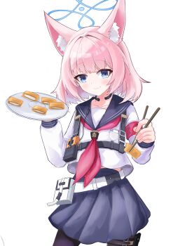 1girl absurdres animal_ear_fluff animal_ears armband belt black_pantyhose black_sailor_collar black_skirt blue_archive blue_eyes blue_halo blunt_bangs blush chest_harness chinese_commentary chopsticks closed_mouth collarbone commentary_request cowboy_shot dual_wielding food fox_ears fox_girl hair_intakes halo hands_up harness headset highres holding holding_chopsticks holding_plate inarizushi incoming_food long_sleeves looking_at_viewer medium_hair midriff_peek miniskirt neckerchief niko_(blue_archive) pantyhose plate pleated_skirt red_armband red_neckerchief sailor_collar sailor_shirt school_uniform serafuku shirt simple_background skirt smile solo sushi tactical_school_uniform tsurime white_background white_belt white_shirt yang_any_mao