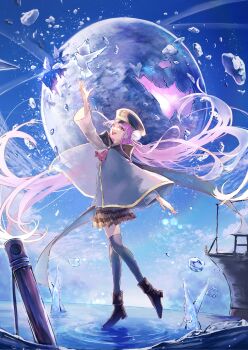 Rule 34 | 1girl, :d, absurdres, arm up, bird, black cape, black hat, boots, broken glass, brown boots, brown skirt, bun cover, canon event, cape, commentary, double bun, film grain, floating hair, full body, glass, hair bun, hat, heaven burns red, highres, hydroxy 122, jacket, kunimi tama, long hair, long sleeves, military hat, miniskirt, open mouth, peaked cap, pigeon, pink eyes, pink hair, plaid clothes, plaid skirt, pleated skirt, ribbon, ripples, ship, shirt, skirt, smile, solo, standing, standing on one leg, thighhighs, very long hair, water, water drop, watercraft, white bird, white shirt, white thighhighs, wide sleeves, wind, zettai ryouiki