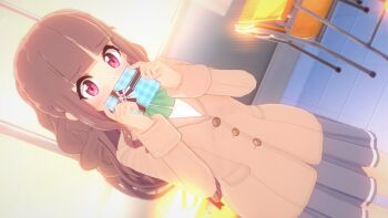 1girl 3d artist_request brown_hair classroom digimon digimon_ghost_game embarrassed female_focus highres long_hair looking_at_viewer pink_eyes school school_uniform solo standing tsukiyono_ruli