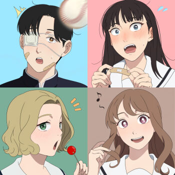 Rule 34 | 1boy, 3girls, ball, bandaid, bandaid on face, baseball (object), blue eyes, blush, brown eyes, brown hair, candy, commentary request, eighth note, eyepatch, food, green eyes, holding, holding candy, holding food, holding lollipop, imminent collision, izumi (yano-kun no futsuu no hibi), kitahara kiyoshi, lollipop, medium hair, multiple girls, musical note, parted bangs, school uniform, smile, yano-kun no futsuu no hibi, yano tsuyoshi, yoshida kiyoko, yuzukawa mei