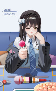 1girl absurdres artist_name black_jacket blue_corset blue_necktie blush bow breasts brown_eyes brown_hair candy chinese_commentary chupa_chups collared_shirt commentary_request corset couch dated diesel_(nikke) diesel_(winter_sweets)_(nikke) earrings food goddess_of_victory:_nikke hair_between_eyes hair_bow hand_on_own_cheek hand_on_own_face highres holding holding_candy holding_food holding_lollipop jacket jewelry labbri large_breasts lollipop long_hair long_sleeves looking_at_viewer necktie off_shoulder official_alternate_costume one_eye_closed open_clothes open_jacket plaid_clothes plaid_necktie shadow shirt sidelocks sitting smile snowflake_earrings solo tongue tongue_out upper_body white_shirt wireless_microphone
