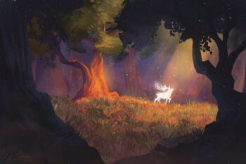 Rule 34 | animal, atmospheric perspective, blurry, crack of light, depth of field, forest, glowing animal, grass, landscape, leaping hare press, moose, nature, night, no humans, outdoors, rock, scenery, sky, star (sky), starry sky, sunlight, zandra