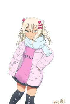 1girl black_skirt black_thighhighs blonde_hair bow clothes_writing commentary_request feet_out_of_frame grecale_(kancolle) grecale_(valentine)_(kancolle) green_eyes hand_in_pocket highres italian_text jacket kantai_collection long_hair long_sleeves one-hour_drawing_challenge pink_bow pink_shirt polka_dot polka_dot_skirt robinson_(day_l_full) shirt simple_background skirt solo thighhighs twitter_username two_side_up white_background white_jacket