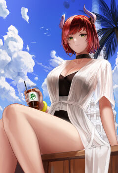 1girl animal arm_support bare_legs belt_buckle bird black_choker black_one-piece_swimsuit blue_sky breasts buckle choker cleavage closed_mouth cloud cloudy_sky collarbone cup day disposable_cup dragon_knight_(dungeon_and_fighter) drink drinking_straw dungeon_and_fighter earrings feet_out_of_frame female_focus floating_island flock from_below green_eyes highres holding hoop_earrings horns jewelry knight_(dungeon_and_fighter) large_breasts light_smile looking_at_viewer monaim one-piece_swimsuit open_clothes open_robe outdoors palm_tree red_hair robe see-through_clothes short_hair short_sleeves sidelocks sitting sky solo sunlight swimsuit thighs tower tree white_robe wristband