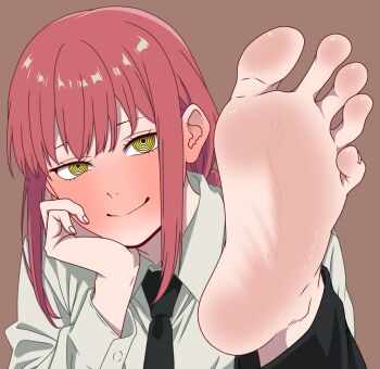 1girl barefoot blush chainsaw_man feet highres long_hair looking_at_viewer makima_(chainsaw_man) mist.exe red_hair smile soles toes yellow_eyes