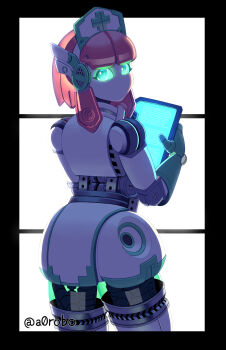Rule 34 | 1girl, a0robo, glowing, glowing eyes, green eyes, hat, highres, holding, holding tablet pc, humanoid robot, joints, looking at viewer, looking back, mechanical hair, metal hair, metal skin, no mouth, no nose, nurse, nurse cap, original, robot, robot ears, robot girl, robot joints, science fiction, tablet pc