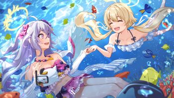 Rule 34 | 2girls, azusa (blue archive), azusa (swimsuit) (blue archive), beach, bikini, blue archive, breasts, brown hair, closed eyes, collarbone, commentary request, eyewear on head, feathered wings, feet out of frame, hair between eyes, halo, hifumi (blue archive), hifumi (swimsuit) (blue archive), highres, holding hands, kotomo30, long hair, looking at another, multiple girls, navel, ocean, official alternate costume, outdoors, parted lips, pink hair, purple eyes, round eyewear, ruffle bikini, sky, small breasts, smile, stomach, sunglasses, swimsuit, twintails, underwater, very long hair, water, white bikini, white hair, white wings, wings, yellow halo