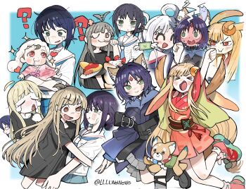 Rule 34 | > <, :d, ?, ^ ^, absurdres, ahoge, ahoge wag, animal ears, arms up, baby, bags under eyes, banknote, black shirt, blonde hair, blue background, blue hoodie, blue neckerchief, blue skirt, blunt bangs, blush, brown eyes, chinese commentary, cho kaguya-hime!, closed eyes, commentary request, confused, crescent, crescent hair ornament, dog, drooling, eating, expressive hair, food, forehead jewel, fox ears, full-face blush, girl sandwich, green eyes, grey hair, hair ornament, hair rings, head steam, highres, holding, holding spoon, hood, hoodie, hug, inudoge, japanese clothes, kaguya (cho kaguya-hime!), kimono, llllwewewe, long hair, looking at another, lop rabbit ears, money, mouth drool, multiple expressions, multiple views, neckerchief, omelet, omurice, open mouth, outstretched arms, parted bangs, pleated skirt, pout, purple hair, rabbit ears, red eyes, red kimono, runami yachiyo, sailor collar, sakayori iroha, sandwiched, school uniform, serafuku, shirt, short hair, skirt, smile, spoon, t-shirt, tears, white hair, white shirt, wide-eyed, yuri