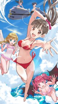 5girls bat_wings bikini blonde_hair blue_bikini blue_eyes blue_sky blunt_bangs braid brown_eyes brown_hair cloud dothiko foreshortening frilled_one-piece_swimsuit frills jet_ski low_twintails multiple_girls one-piece_swimsuit original pink_bikini pink_hair ponytail red_bikini red_eyes side-tie_bikini_bottom sky swimsuit twin_braids twintails watercraft white_one-piece_swimsuit wings