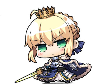Rule 34 | 1girl, ahoge, armor, armored dress, artoria pendragon (fate), blonde hair, blue cape, blue ribbon, blush, braid, cape, chibi, chibi only, closed mouth, commentary request, crown, crown braid, dress, excalibur (fate/stay night), fate/stay night, fate (series), fur-trimmed cape, fur trim, gauntlets, green eyes, hair ribbon, holding, holding sword, holding weapon, ribbon, simple background, solo, sword, weapon, white background, yagumo kengou