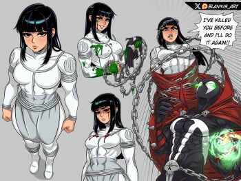 1boy 1girl absurdres alternate_costume black_bodysuit black_eyes black_hair blannis blood blood_on_face blunt_bangs bodysuit breasts cape chain covered_abs fire genderswap genderswap_(mtf) green_blood green_fire highres implied_murder invincible_(series) mark_grayson medium_hair multicolored_bodysuit multiple_views muscular red_cape spandex spawn_(comic) spawn_(spawn) superhero_costume veins viltrumite_invincible white_bodysuit
